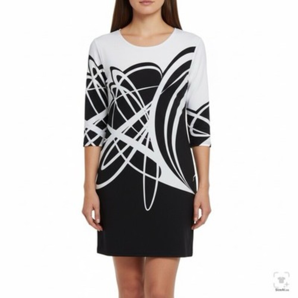 Valentina Black & White Abstract Print Dress M Stretch 3/4 Sleeve Bodycon